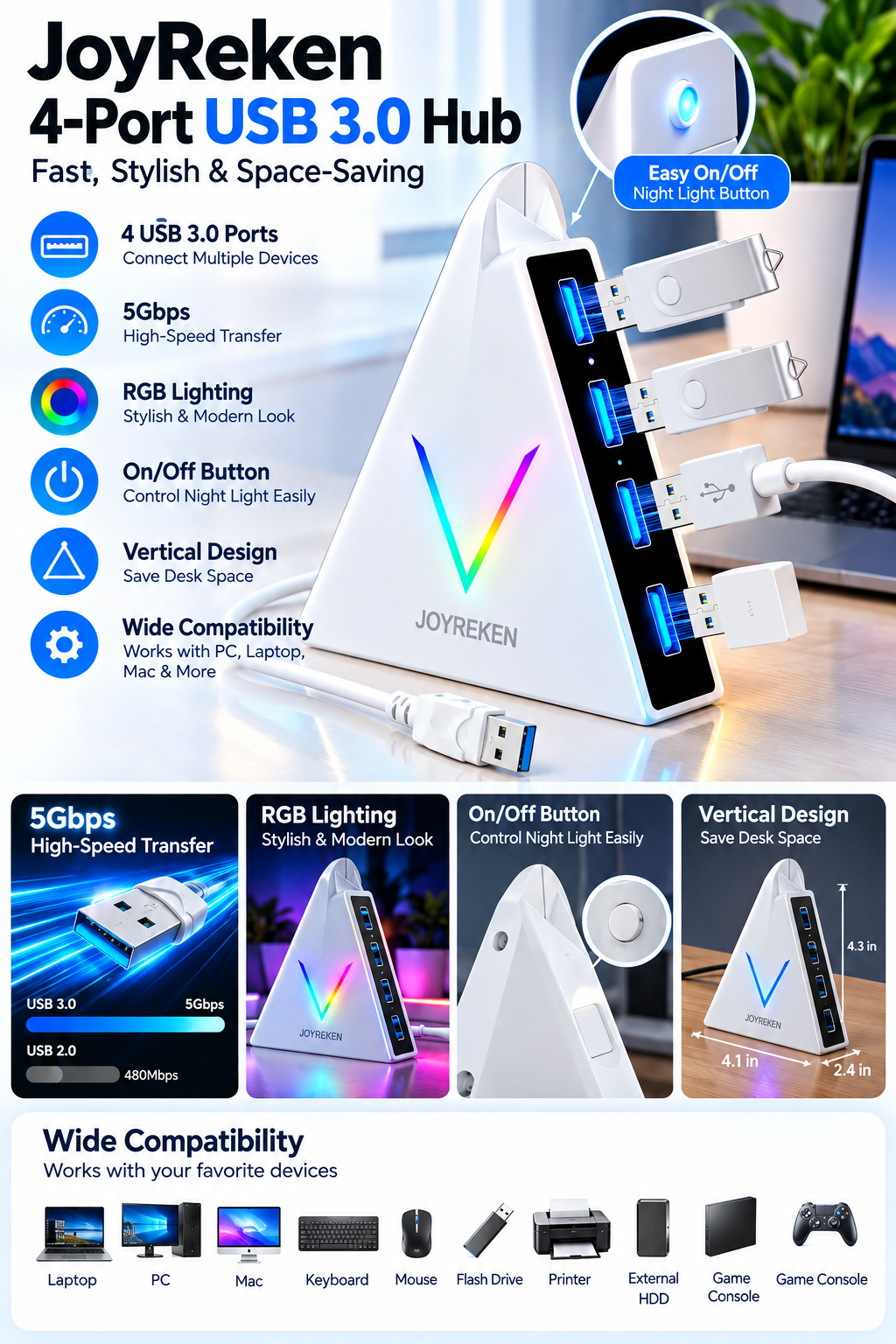 Best 6: JoyReken 4-Port USB 3.0 Hub – Fast, Stylish & Space-Saving